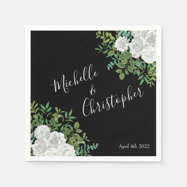 Serviette En Papier Mariage floral rose noire et blanche (Devant)