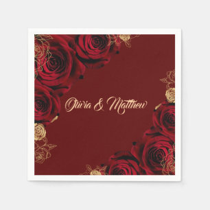 Serviette En Papier Mariage floral Rose rouge Bourgogne et or