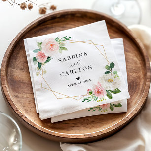 Serviette En Papier Mariage floral rose rouge géométrique or