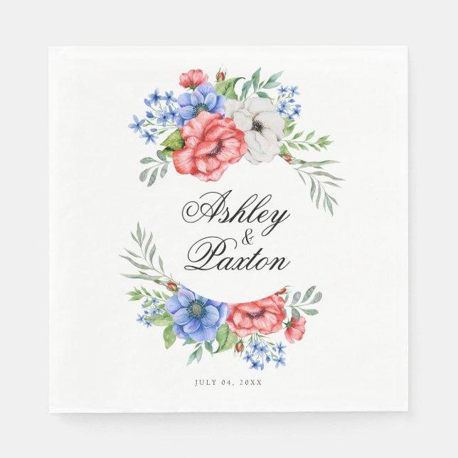 Serviette En Papier Mariage floral rouge, blanc et bleu (Devant)