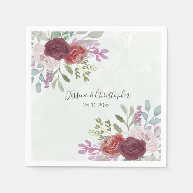Serviette En Papier Mariage floral rustique Bourgogne (Devant)