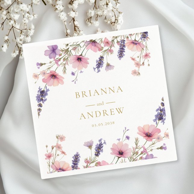 Serviette En Papier Mariage Floral spécifique au client (Personalized Customer specific Floral, Pink + Purple  Wedding Napkins with your name and date.)