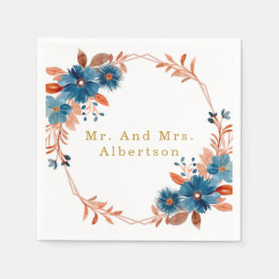 Serviette En Papier Mariage floral Terracotta et bleu marine or