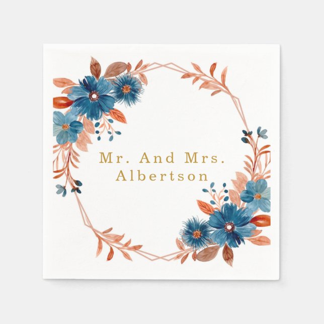 Serviette En Papier Mariage floral Terracotta et bleu marine or (Devant)