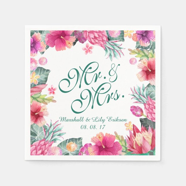 Serviette En Papier Mariage floral tropical personnalisé | Napkin (Devant)