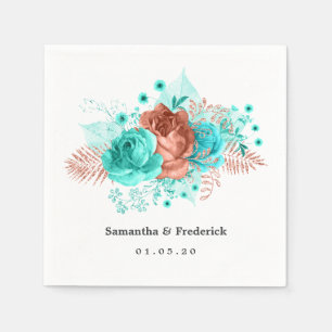 Serviette En Papier Mariage floral tropical turquoise et corail
