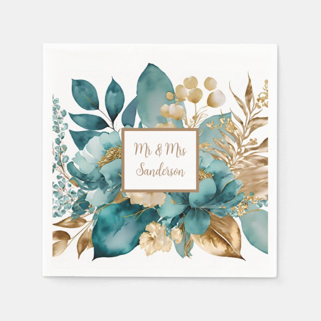Serviette En Papier Mariage Floral Turquoise & Or (Devant)