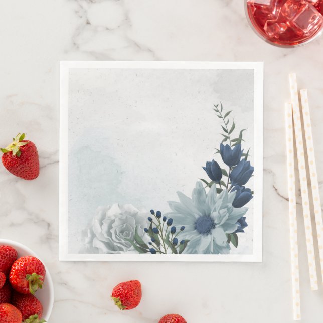 Serviette En Papier mariage floral verdure blanc et bleu (En situation)