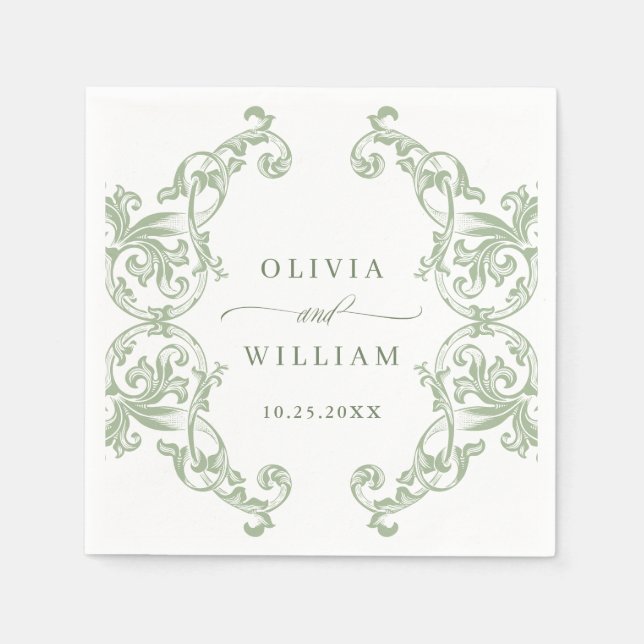 Serviette En Papier Mariage floral vert de la Renaissance (Devant)
