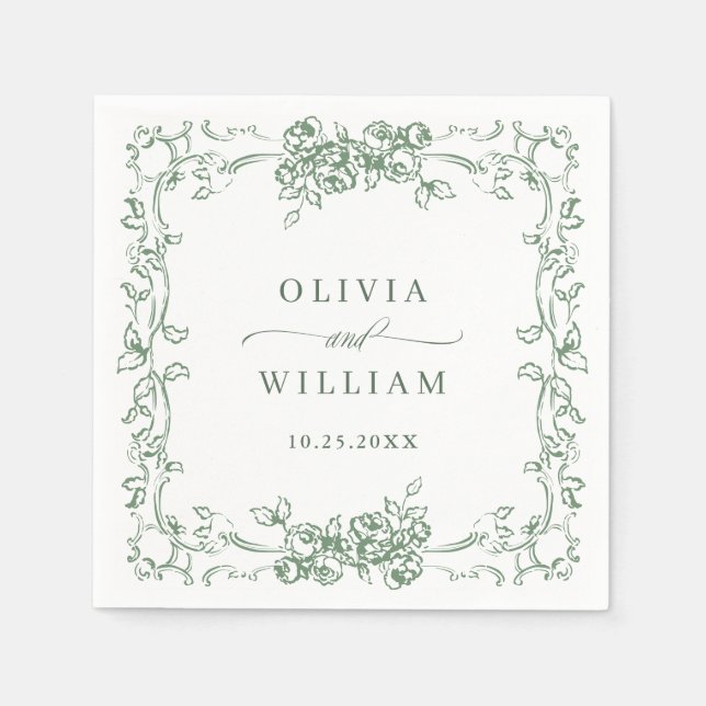 Serviette En Papier Mariage floral vert de la Renaissance (Devant)