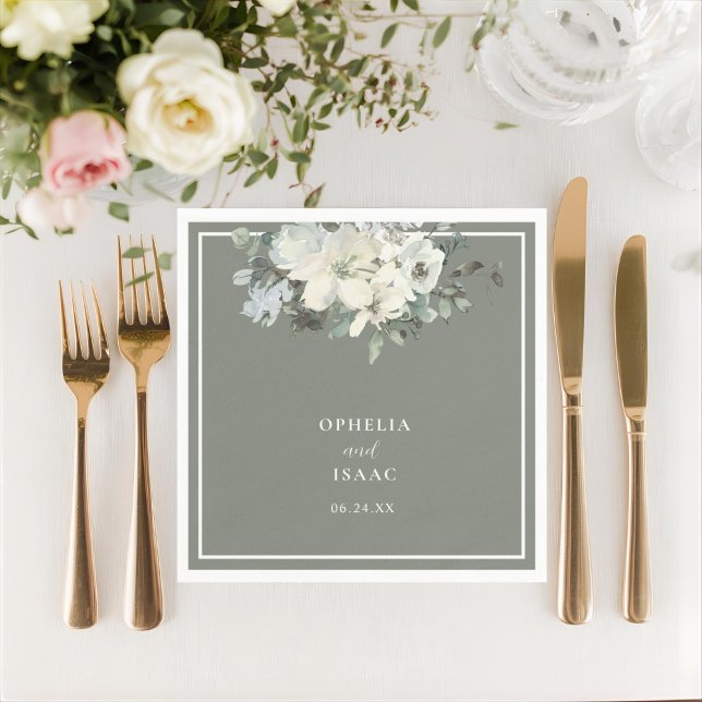 Serviette En Papier Mariage Floral Vert Olive Classique (Créateur téléchargé)