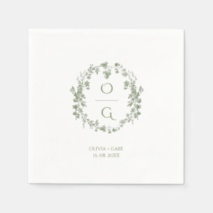 Serviette En Papier Mariage Floral Vintage Vert Sauge Monogramme Franç