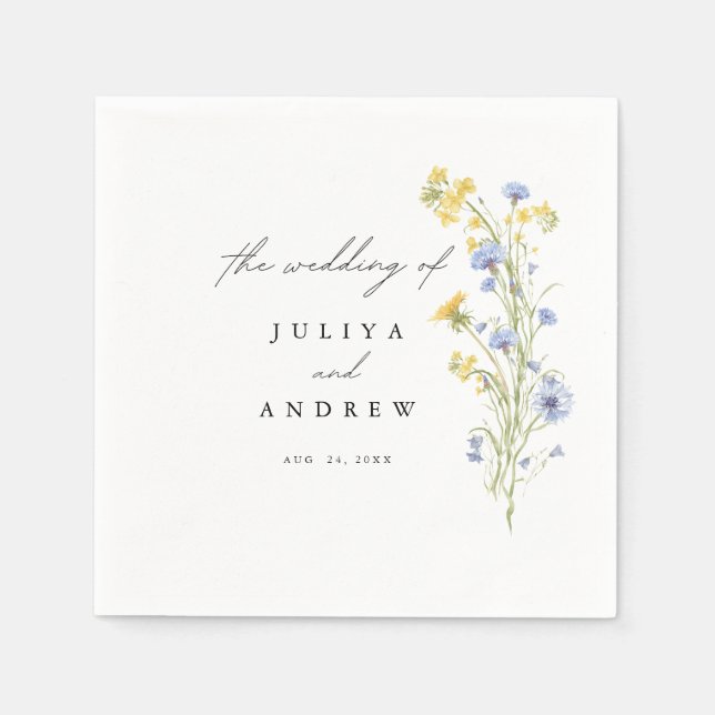 Serviette en papier mariage florale bleu et jaune (Devant)