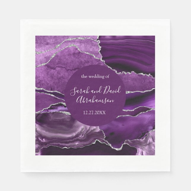 Serviette En Papier Mariage Formel Violet et Paillettes d'Argent Agate (Devant)