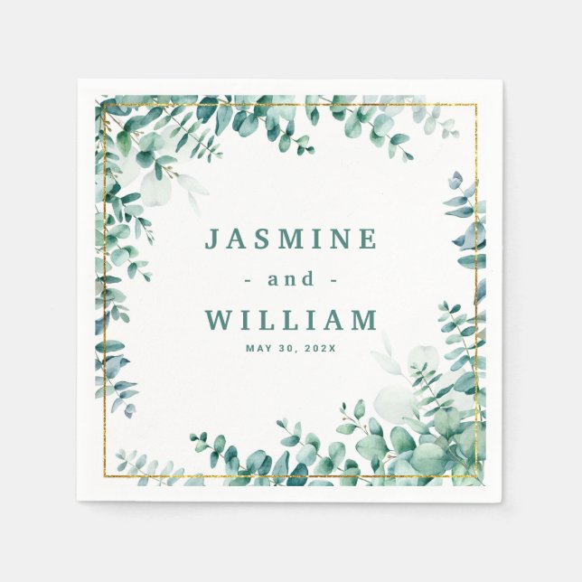 Serviette En Papier Mariage Frameborder Carré Eucalyptus vert (Devant)