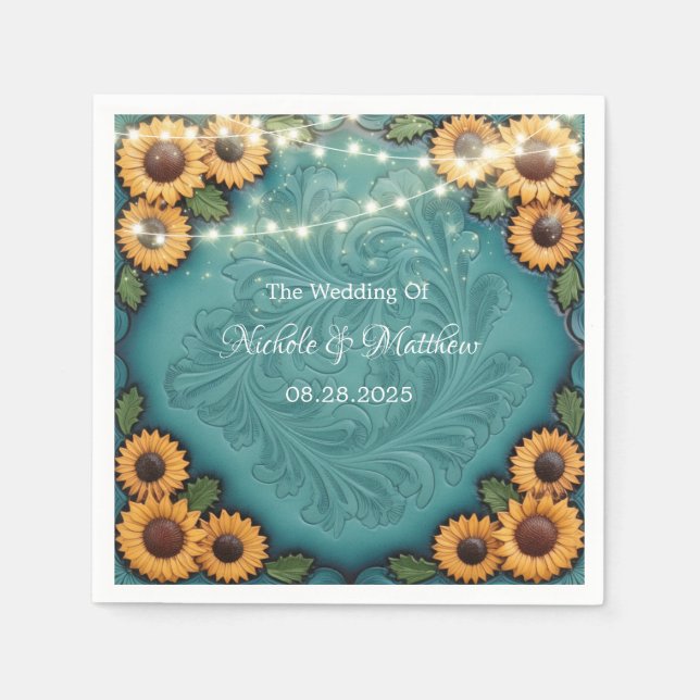 Serviette En Papier Mariage frontalier de tournesol en cuir turquoise (Devant)