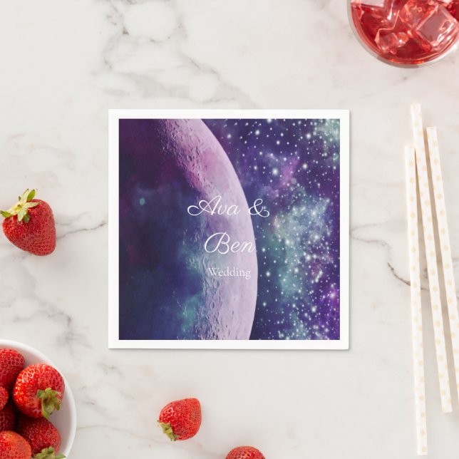 Serviette En Papier Mariage Galaxie Violette Céleste Lune (En situation)