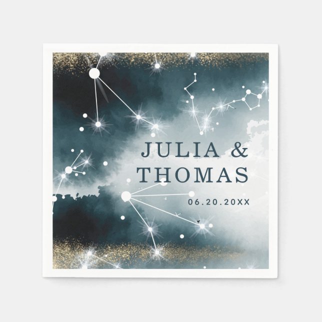 Serviette En Papier Mariage Galaxy Blue Gold Stars (Devant)