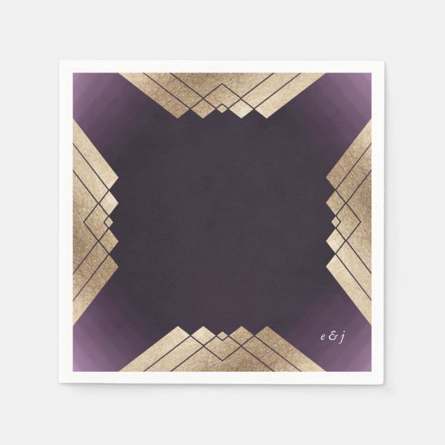 Serviette En Papier Mariage Gatsby d'or violet géométrique (Devant)