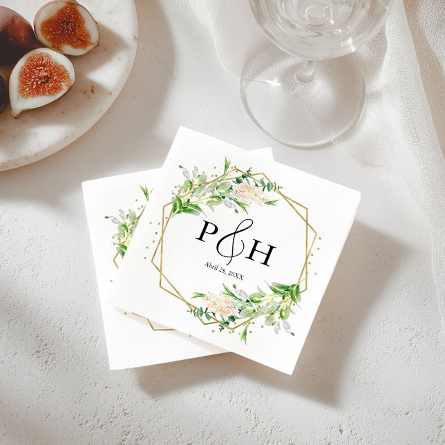 Serviette En Papier Mariage Géométrique de Verdure à Monogramme de Feu (Créateur téléchargé)
