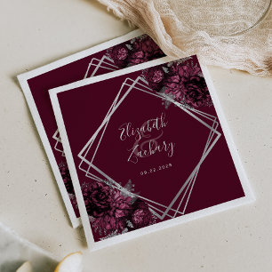 Serviette En Papier Mariage Géométrique Floral Bourguignon Argenté