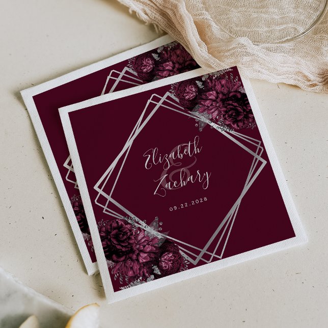 Serviette En Papier Mariage géométrique foncé bordeaux fleuri en argen (Créateur téléchargé)