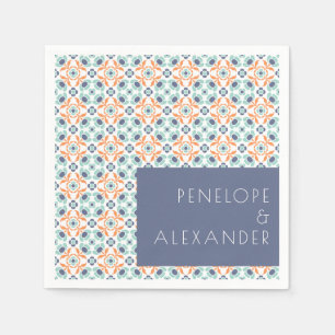 Serviette En Papier Mariage géométrique vintage personnalisé bleu et o