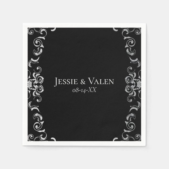 Serviette En Papier Mariage gothique argenté et noir (Devant)