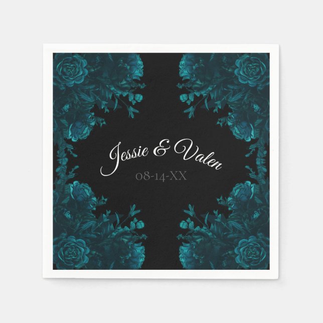 Serviette En Papier Mariage gothique noir Rose turquoise (Devant)