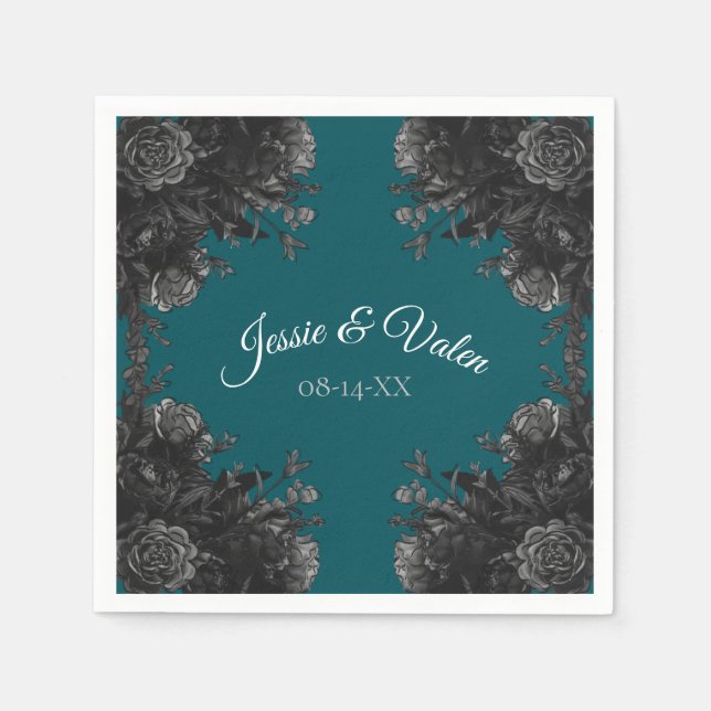 Serviette En Papier Mariage gothique Rose gris-noir turquoise (Devant)