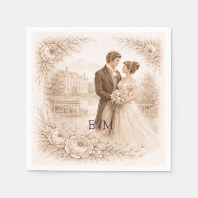 Serviette En Papier Mariage Gravure Botanique Régence  (Devant)
