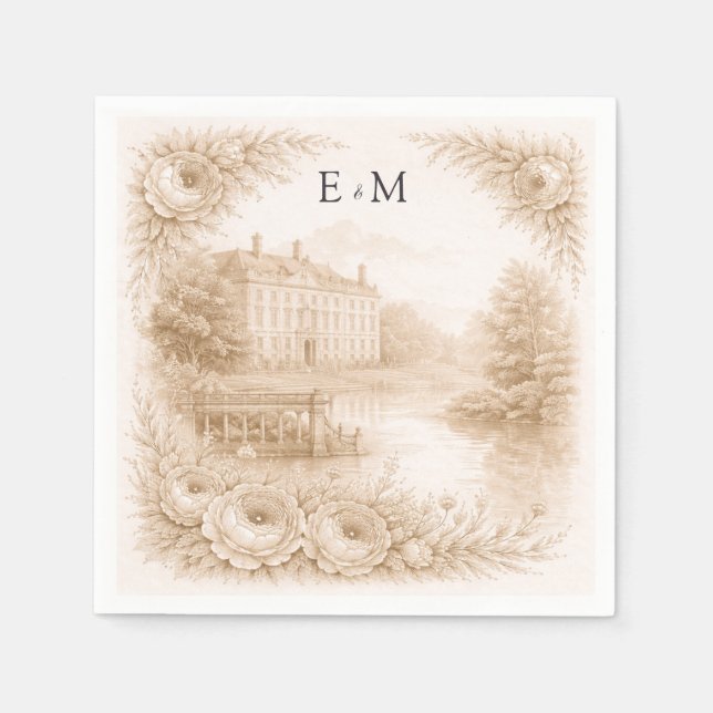 Serviette En Papier Mariage Gravure Botanique Régence  (Devant)
