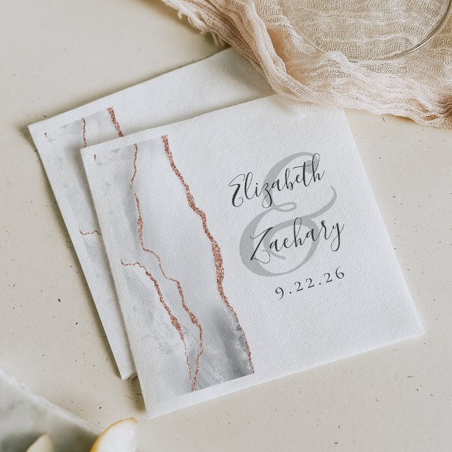 Serviette En Papier Mariage gris blanc agate géode écriture or rose (Créateur téléchargé)