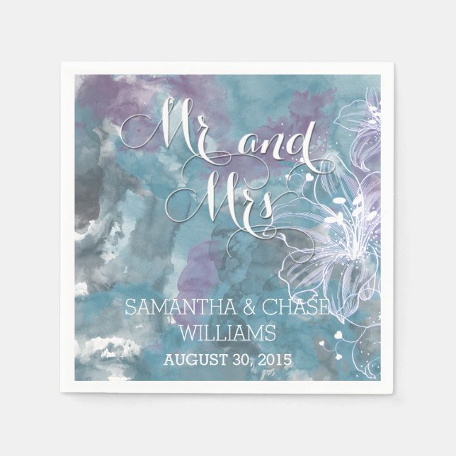 SERVIETTE EN PAPIER MARIAGE HIBISCUS EN COULEUR D'EAU BLEU (Devant)