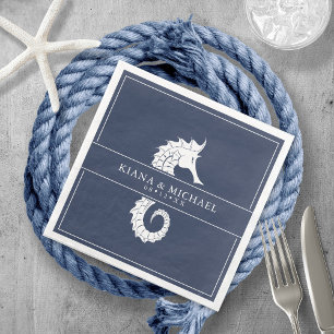 Serviette En Papier Mariage Hippocampe Blue Wave Blanc/Navy ID836