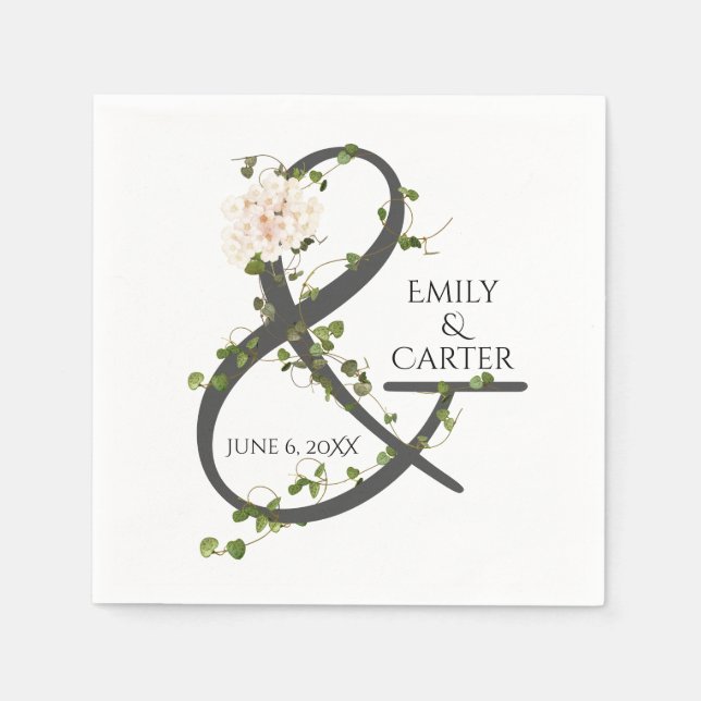 Serviette En Papier Mariage Hydrangea et Ivy Ampersand (Devant)