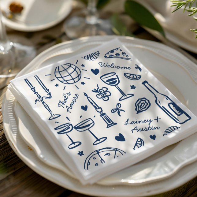 Serviette En Papier Mariage illustré rétrospectif (Retro Hand-Drawn Illustrated Wedding Napkins)