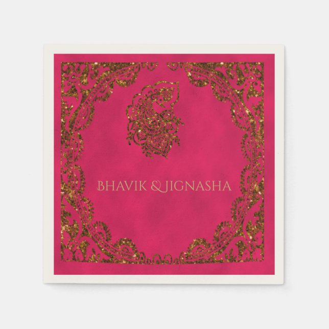 Serviette En Papier Mariage indien Pink and Gold Peacock Napkin (Devant)
