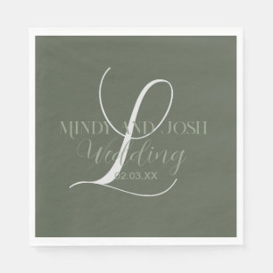 Serviette En Papier Mariage initial romantique Sage vert Script