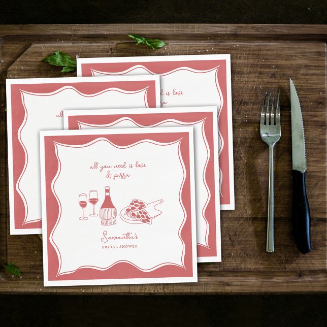 Serviette En Papier Mariage Italien à Thème Pizza Vin Dessinés à la Ma (Red Hand Drawn Italian Pizza Wine Bridal Shower Napkins)