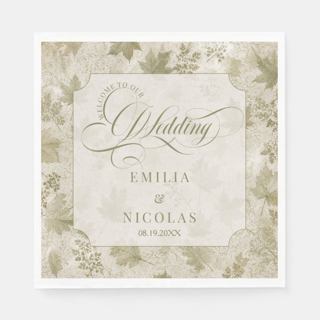 Serviette En Papier Mariage Ivoire Vert Sauge (Devant)
