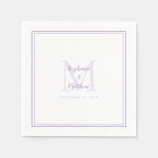 Serviette En Papier Mariage Lavande Monogramme Initiale & Noms Moderne (Devant)
