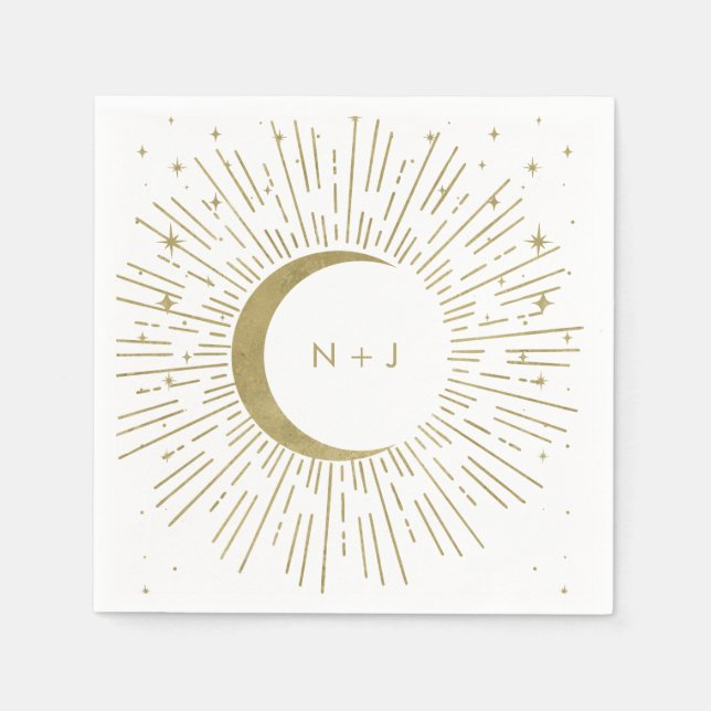 Serviette En Papier Mariage Lune Déburst Céleste Étoiles Blanches & Do (Devant)
