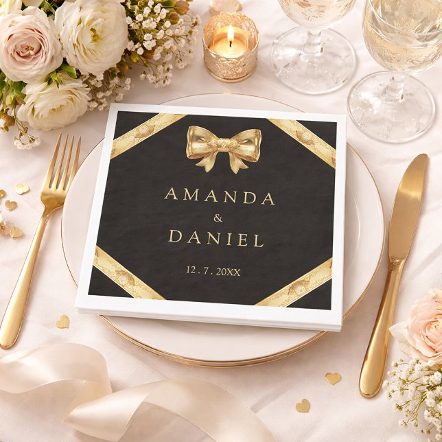 Serviette En Papier Mariage Luxe Noir et Or  Ruban Doré (Créateur téléchargé)