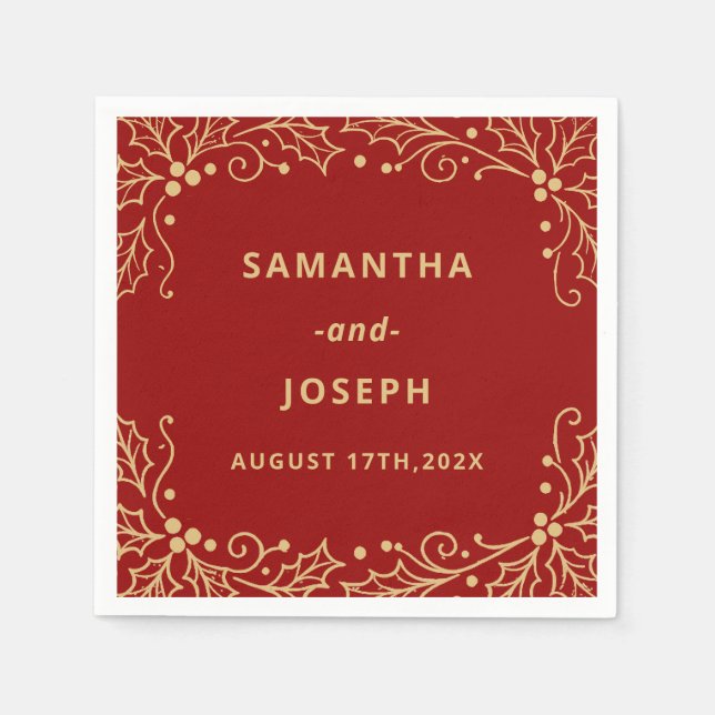 Serviette En Papier Mariage Luxe Rouge & Or Antique (Devant)