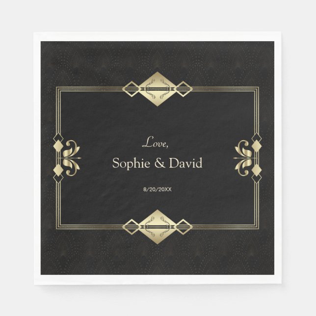 Serviette En Papier Mariage Luxe Royal Or Noir Art Déco 1920  (Devant)