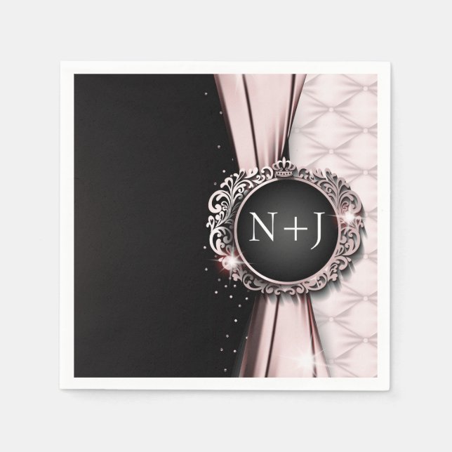 Serviette En Papier Mariage Luxueux Élégant Rose et Noir  (Devant)