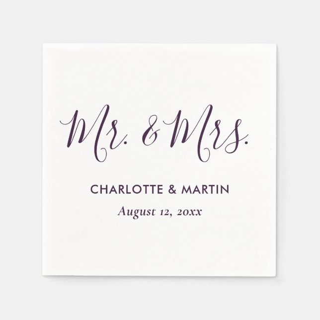 Serviette En Papier Mariage M. et Mme. écriture moderne violette (Devant)