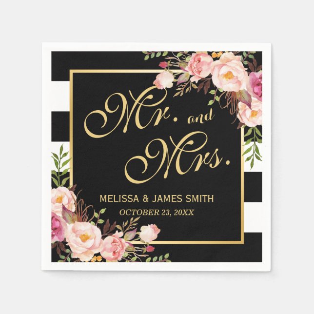 Serviette En Papier Mariage M. et Mme Floral Gold Frame Stripes (Devant)