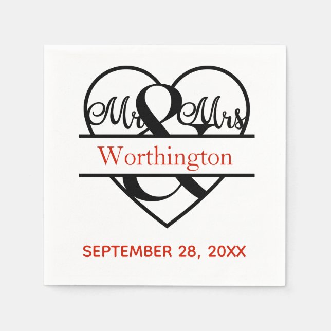Serviette En Papier Mariage M. et Mme Rouge Noir Monogramme  (Devant)